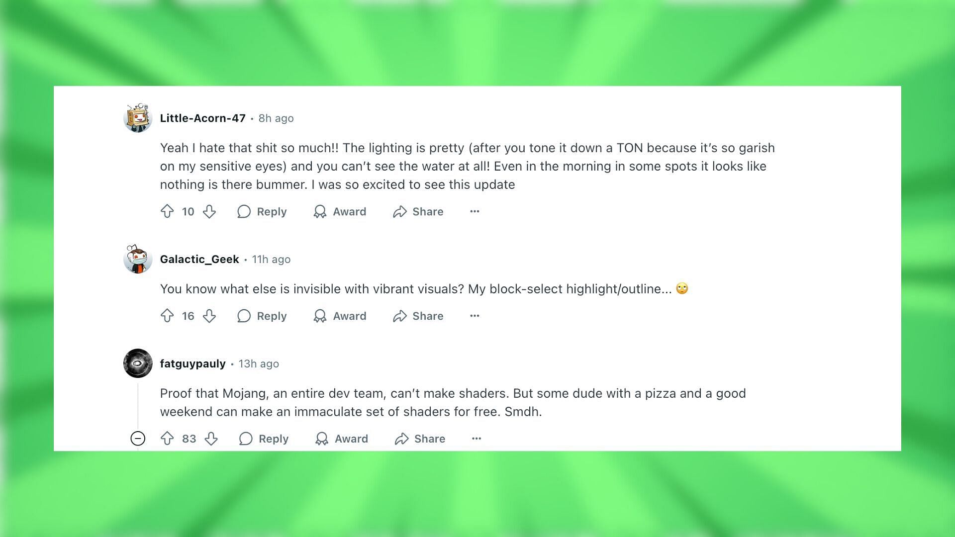 Redditors react to the bug with Vibrant Visuals update (Image via Reddit)
